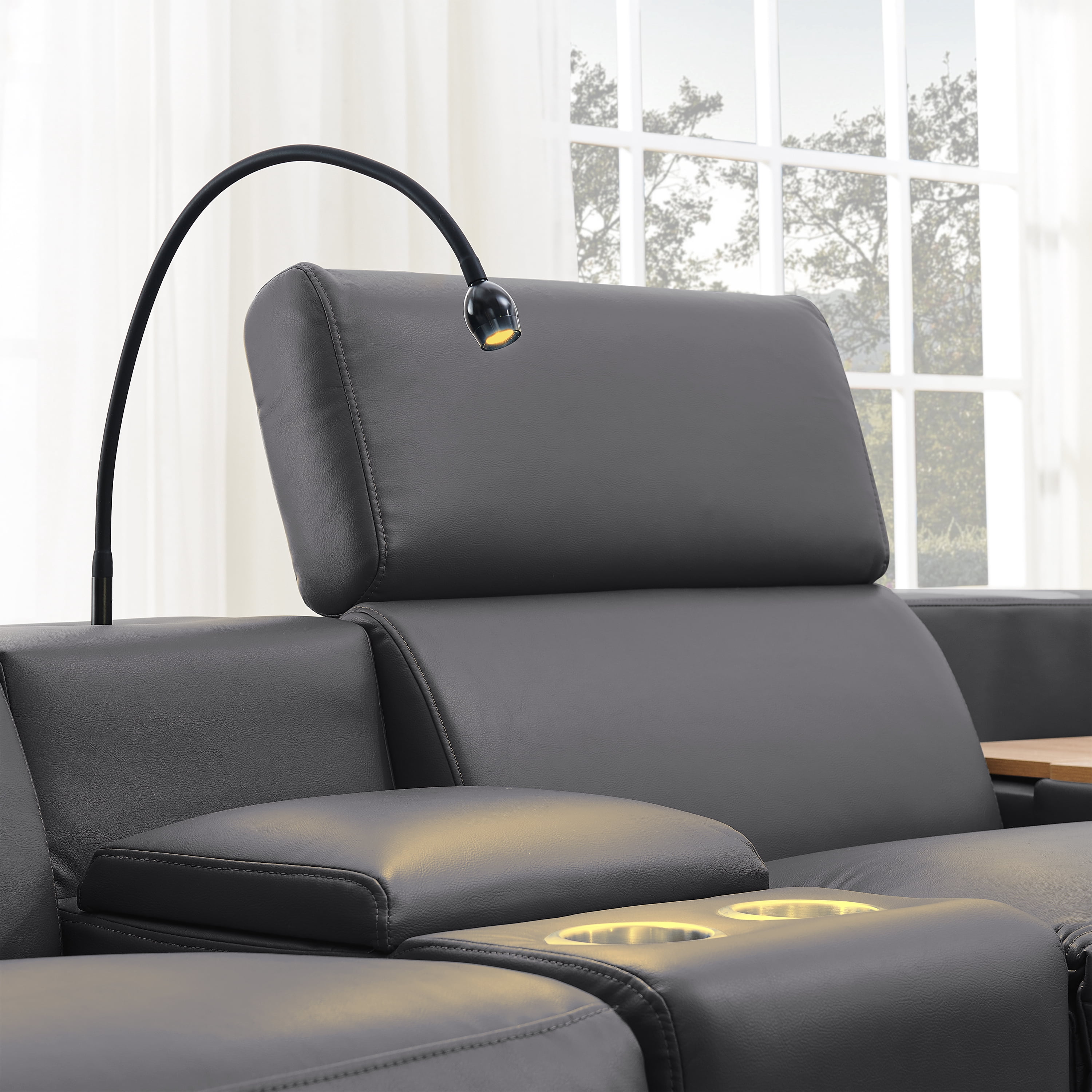 Gewnee 5-Seater Air Leather L-Shaped Sectional Power Recliner Sofa with Lift Cabinet Bluetooth Speakers LED Lights Dark Gray