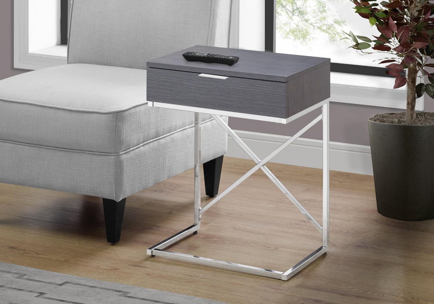 Monarch Specialties Table D'appoint, Coté, Bout, Table De Nuit, Lampe, Tiroir De Rangement, Salon, Chambre À Coucher, Stratifié Gris, Métal Chromé, Contemporain, Moderne