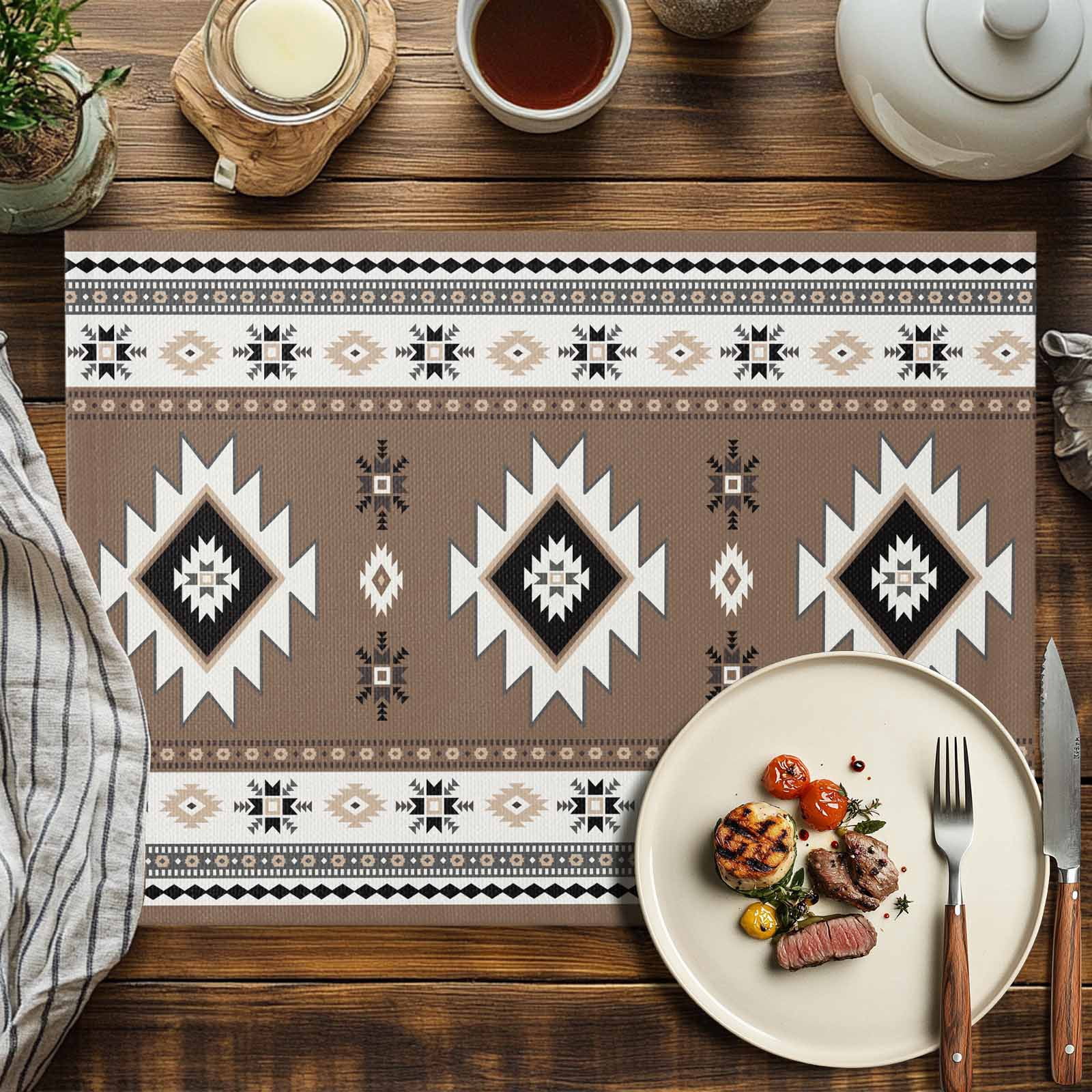 Placemats Set of 4, Brown Boho Placemats Set of 4, Southwest Tribal Aztec Geometric Tablemats Washable Placemat Table Decoration for Kitchen Table Dinner Party Home Decor Indoor Outdoor 13x19 Inch