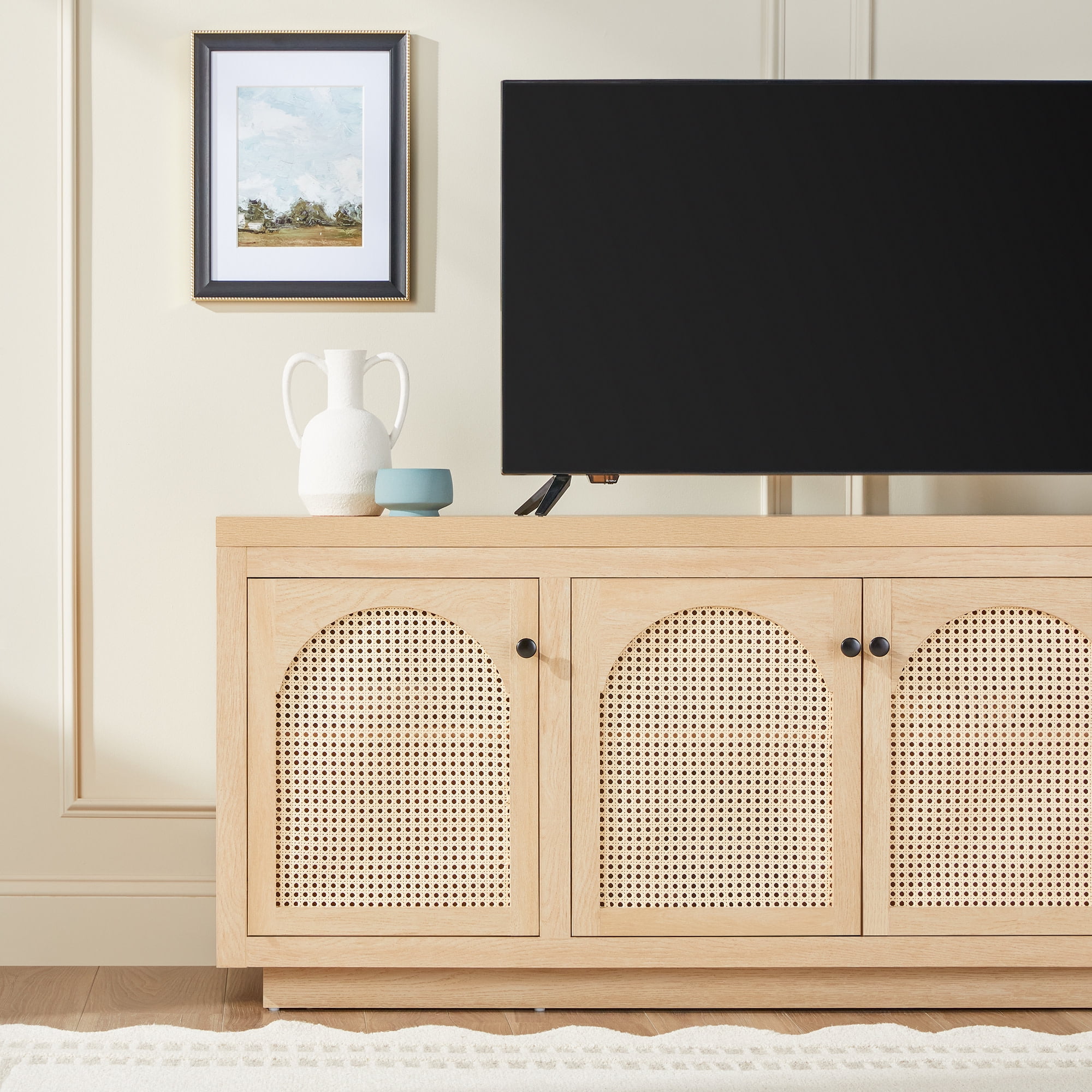 Contemporary TV Stand and Sideboard with Rattan Doors for up to 80" TV Coastal Oak