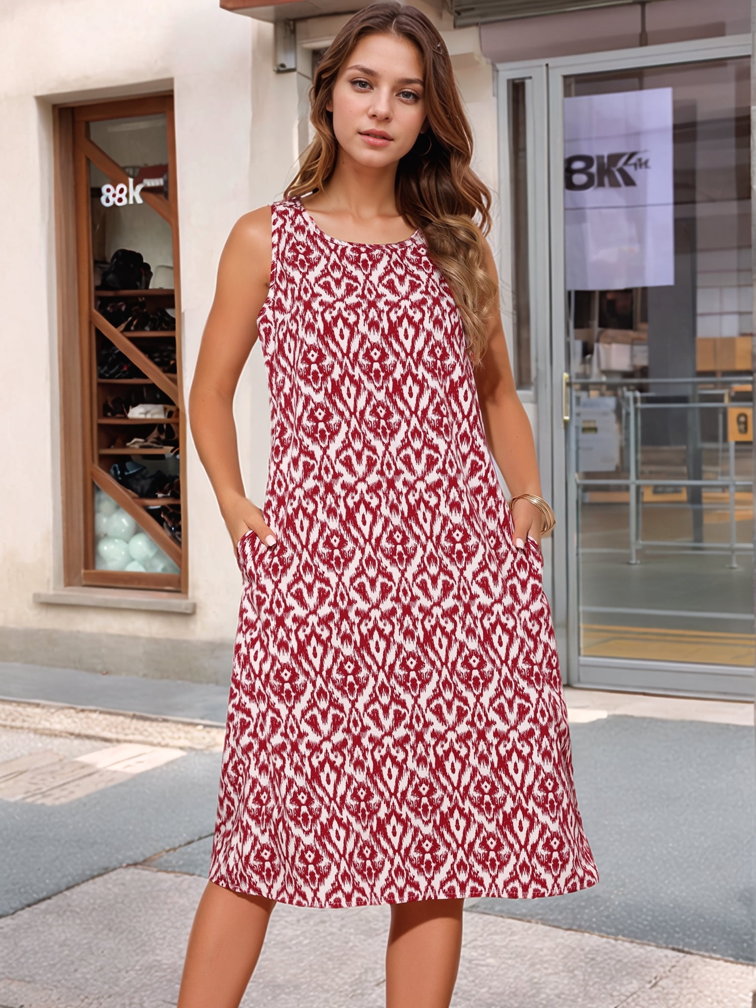 DARING DIVA Sleeveless Crewneck Print Midi Tank Dress S Red