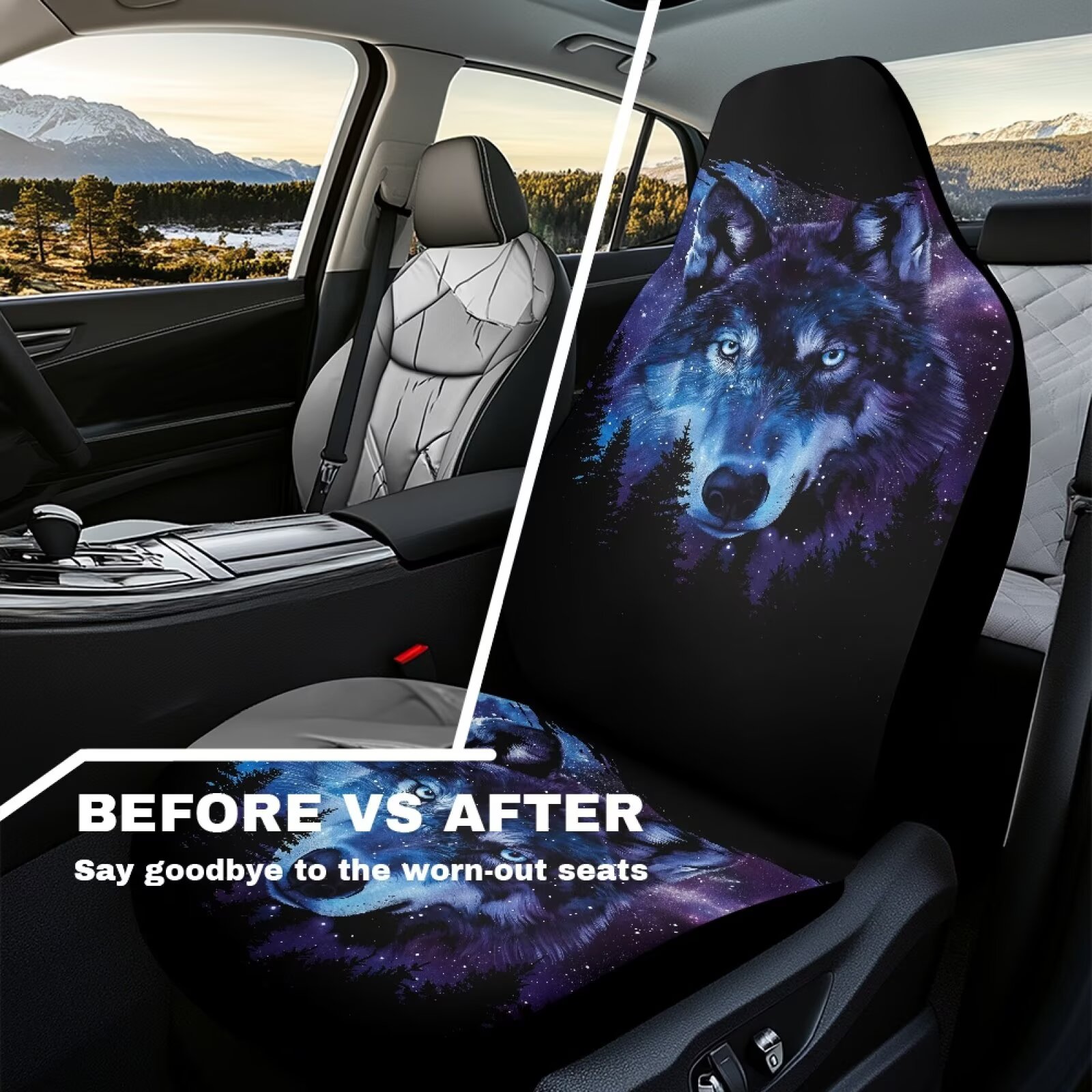 Yuyamidu Wolf Front Seat Covers for Cars Front Seats Only 2 Pack Car Seat Decor Galaxy Auto Seat Cover Sets Auto Accessories for Women Men