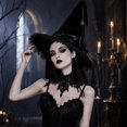 thumbnail image 3 of Womens Gothic Witch Hat Velvet with Lace Trim, Wide Brim Pointed Cone Costume Hat, Wizard Headwear for Halloween Party Dress Up Black, 3 of 5
