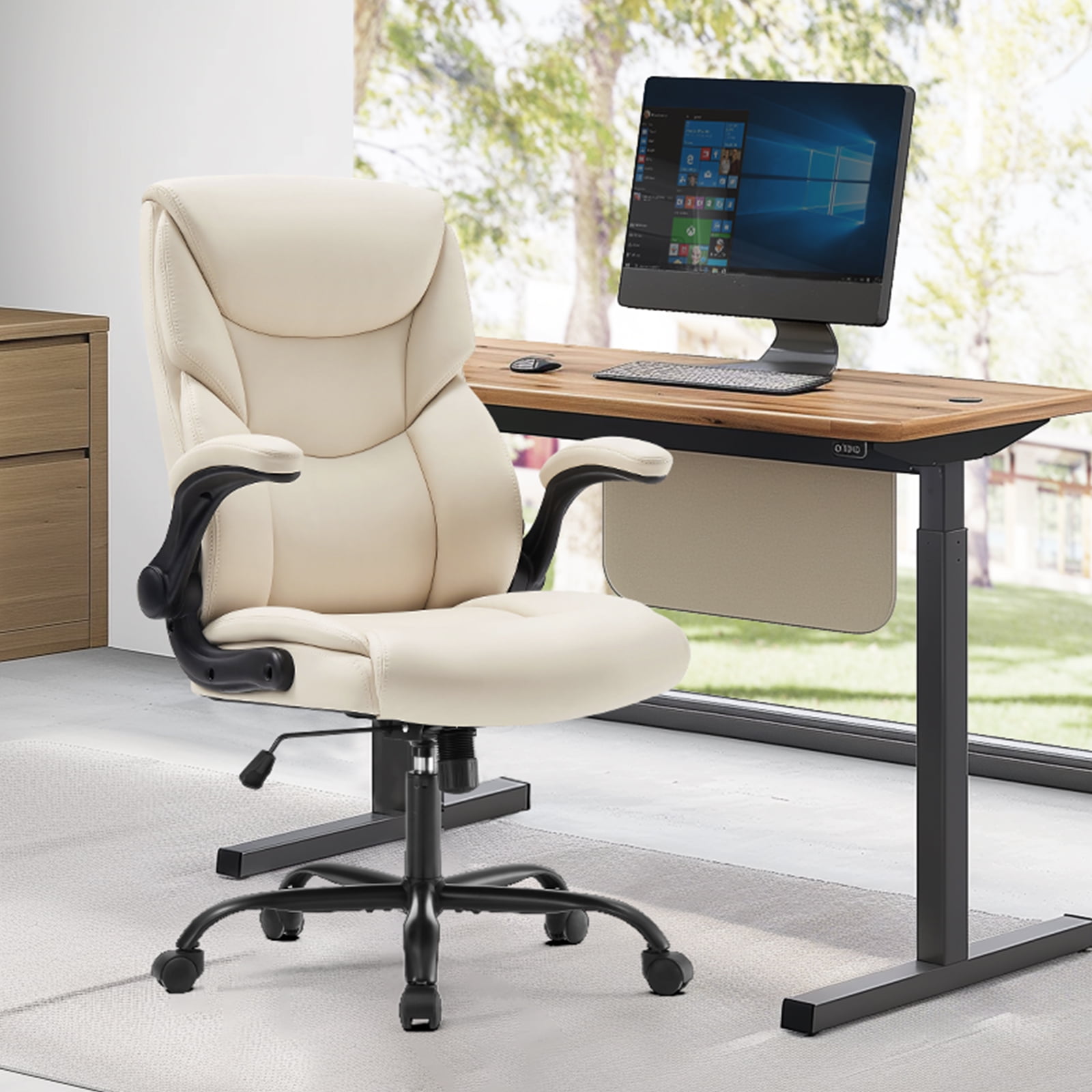 JOINSUN Office Chair, High Back PU Leather, Ergonomic Executive Desk Chair with Rolling Wheels, Soft Padded Seat, Swivel & Adjustable Lumbar Support, White