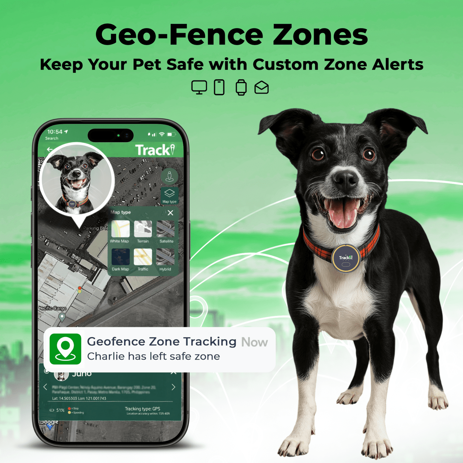 Tracki Dog GPS Tracker  for Dogs – Smart Alerts, Geo-Fence, Waterproof, Collar-Compatible – Long-Life Battery – iOS & Android  Subscription Required