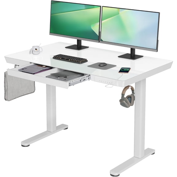 ZCB LIKE HOME Glass Standing Desk with Drawers, 48 x 24 Inch Electric Stand Up Desk with USB Ports, Adjustable Height for Home Office, White