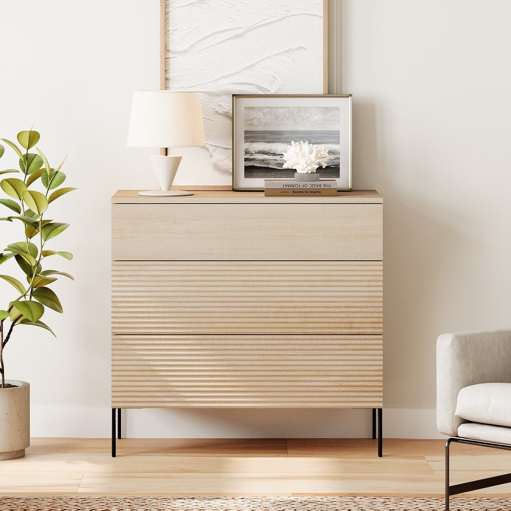 31.5" Wood Accent Chest with Drawers, Modern Credenza Storage Cabinet with Reeded Design for Living Room, Kitchen, Dining Room, Hallway