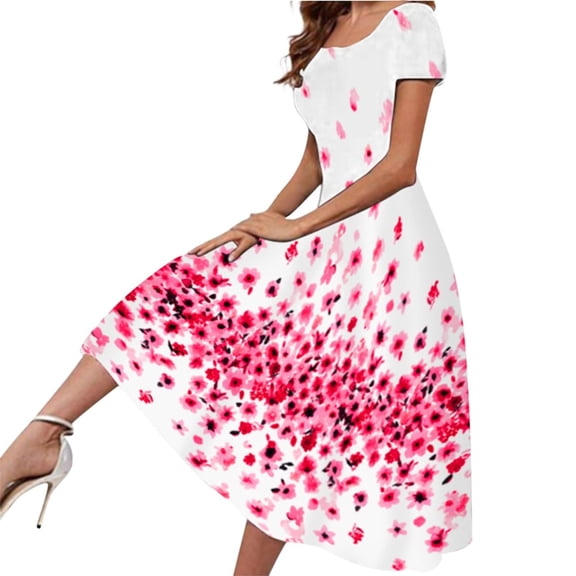 Fesfesfes Spring Dresses for Women Floral Printing Boho Dress Loose Casual Boat Neck Short Sleeve Dress Long Swing A-Line Beach Dress