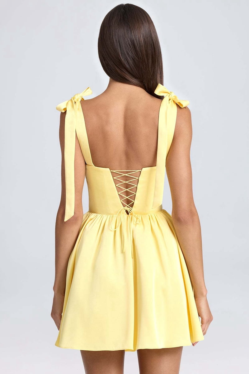 Smocked Ruched A Line Swing Dress Layered Tie Shoulder Flowy - Dress Yellow L