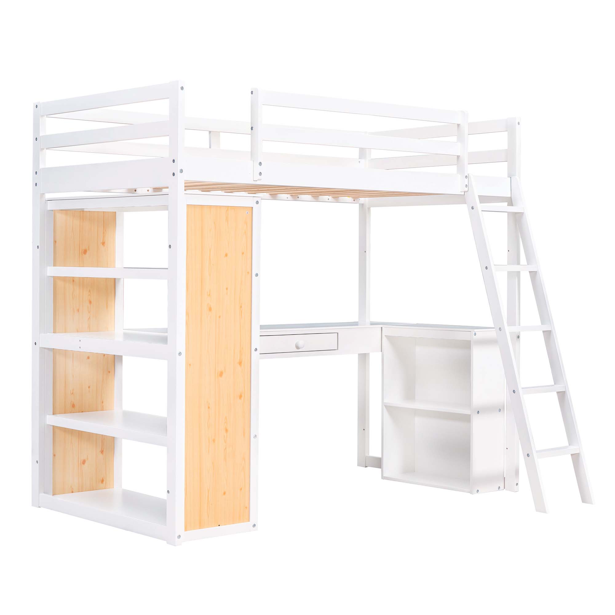 Aukfa Twin Loft Bed with Desk and Storage Shelves, Wood Loft Bed with Drawer for Kids, Teens - White
