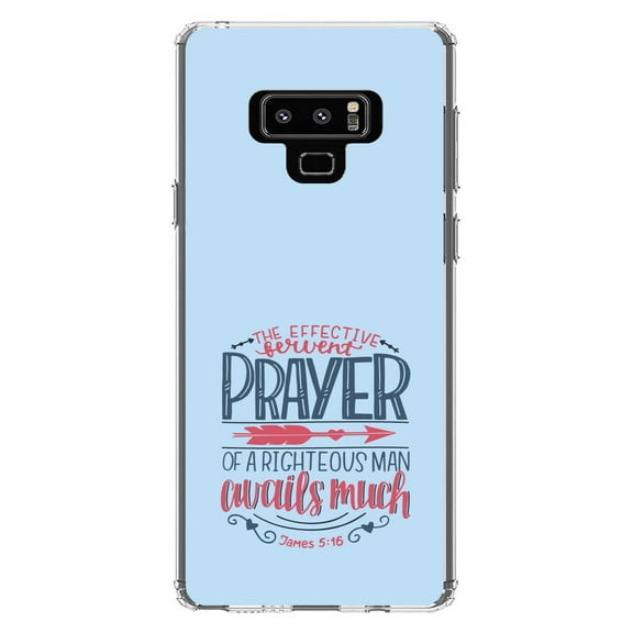 DistinctInk Clear Shockproof Hybrid Case for Samsung Galaxy Note 9 - TPU Bumper, Acrylic Back, Tempered Glass Screen Protector - James 5:16 - Effective Fervent Pray of a Righteous Man
