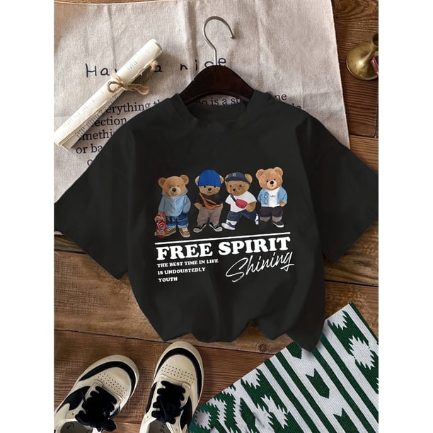 Women's "FREE SPIRIT" Graphic Tee - Casual Crew Neck Short Sleeve T-Shirt, Breathable Cotton Blend, Machine Washable, White with Cartoon Bear Design, Perfect for Spring & Summer, Ladies T Shirts