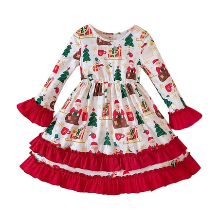 

Toddler Girls Casual Dresses Christmas Long Sleeve Cartoon Prints Ruffles Children Kids Dress Daily-Wear