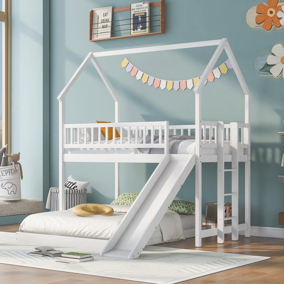 Full Size Bunk Beds Bed Frames Twin over Full House Bunk Bed with Slide and Built-in Ladder, Full-Length Guardrail, White,Adjustable Bed Base