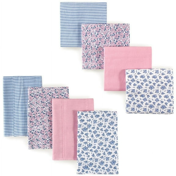 Hudson Baby Infant Girl Cotton Flannel Burp Cloths and Receiving Blankets, 8-Piece, Classic Floral, One Size