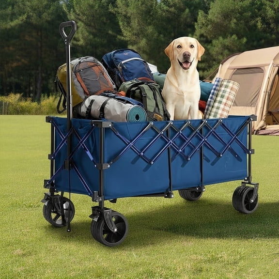 Betcozy Extended Foldable Wagon with 48" Cargo Platform, 440lbs Heavy Duty Collapsible Utility Cart, All Terrain Beach Wagon with Brakes for Camping & Pets, Blue