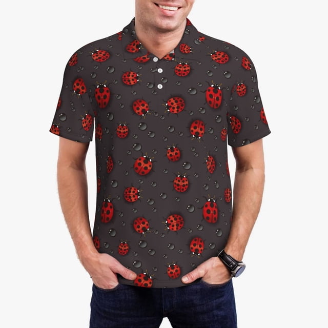 Kdxio Coccinelles Rouges sur Fond Sombre Imprimé Polo à Manches Courtes pour Hommes, Chemises de Golf pour Hommes, Polos Décontractés d'Affaires-3TG