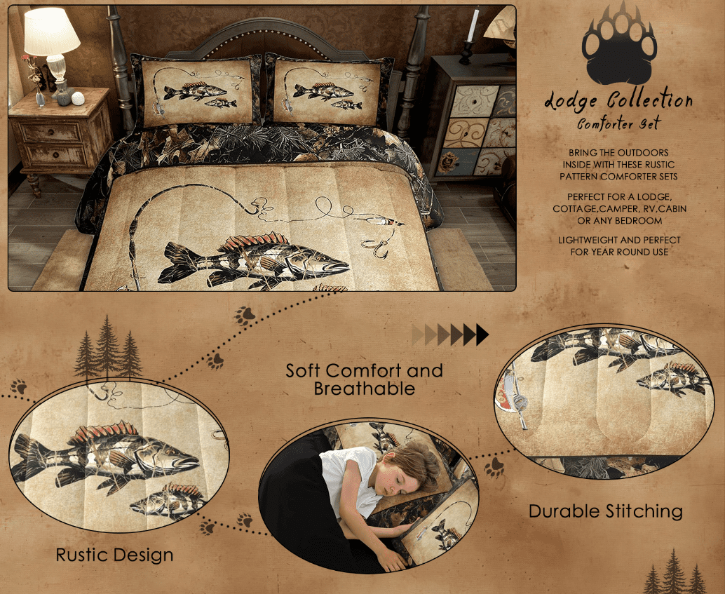 Rustic Bass Fish Comforter Set Queen Country Camo Fishing Bedding Set Woodland Camouflage Lake Fish Fisherman Quilt Comforter Teen Men Retro Farmhouse Cabin Bed Set 3 Pcs