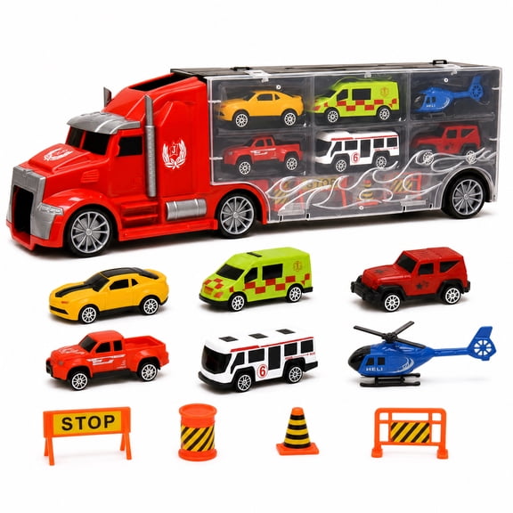 11-Piece Toy Truck Carrier Set with Mini Vehicles, Big Rig Transporter Playset with Cars, Helicopter, Bus & Road Signs, Storage Truck Toy for Kids Ages 3