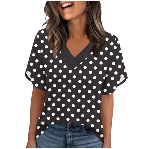 Ayolanni Polka Dots Womens T Shirts V-Neck Collarless Short Sleeve Casual Blouse Office Ladies Fitted Tees Summer Tops for Women Black L