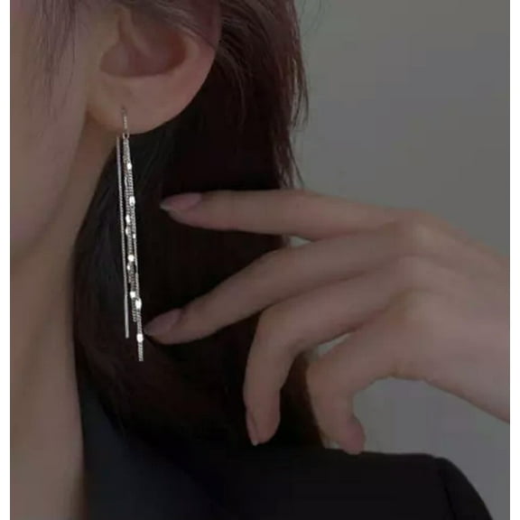 K-KED 2Pcs 925 Silver Plated Threader Earrings Dainty Chain Tassel Drop Earrings