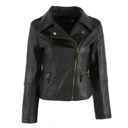 Leather Straight Collar Coat - EFINNY Punk Women PU Leather Zipper Biker Motorcycle Coat
