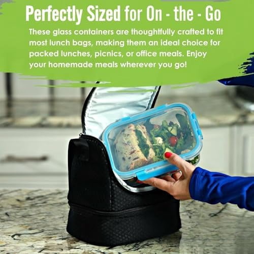 Glass Meal Prep Containers, 2 & 3 Compartments - Portion Control, Lunch Container Set, Food Storage, Airtight Lids, Oven & Freezer Safe, Leak-Proof Bento Box, 32 oz, Blue, 4 Pack