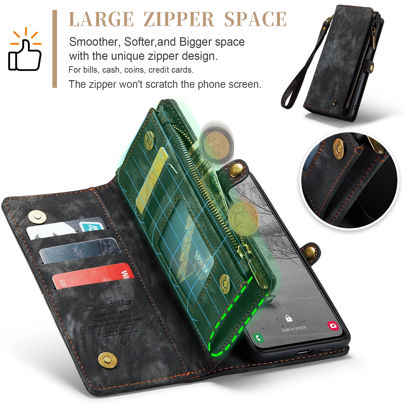 Allytech Magnetic Detachable Wallet Case for Samsung Galaxy A16 5G with Card Slots & Zipper Pocket, Support Wireless Charging, PU Leather Wrist Strap Shockproof Full Protection Flip Case, Black