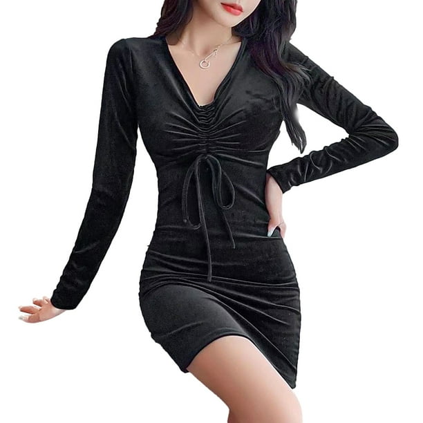 Women s Sexy Long Sleeve V Neck Ruched Bodycon Mini Party Dress black XXL Walmart