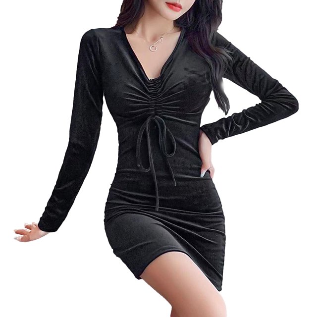 Laklulu - Vestido de fiesta ajustado con escote en V y mangas largas sexy para mujer, negro, XL