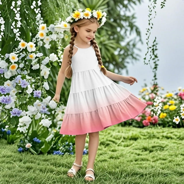 Pisexur Robe d'Été pour Filles à Dégradé, Manches à Volants, à Étages, Décontractée, Fluide, Évasée, Préado, avec Poches, Rose, 5 Ans