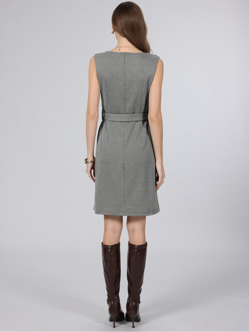 Inspire Chic Women's Plaid Houndstooth Dress Sleeveless Boat Neck 2026 Trendy Pencil Dresses with Belted S Black, Size: Small