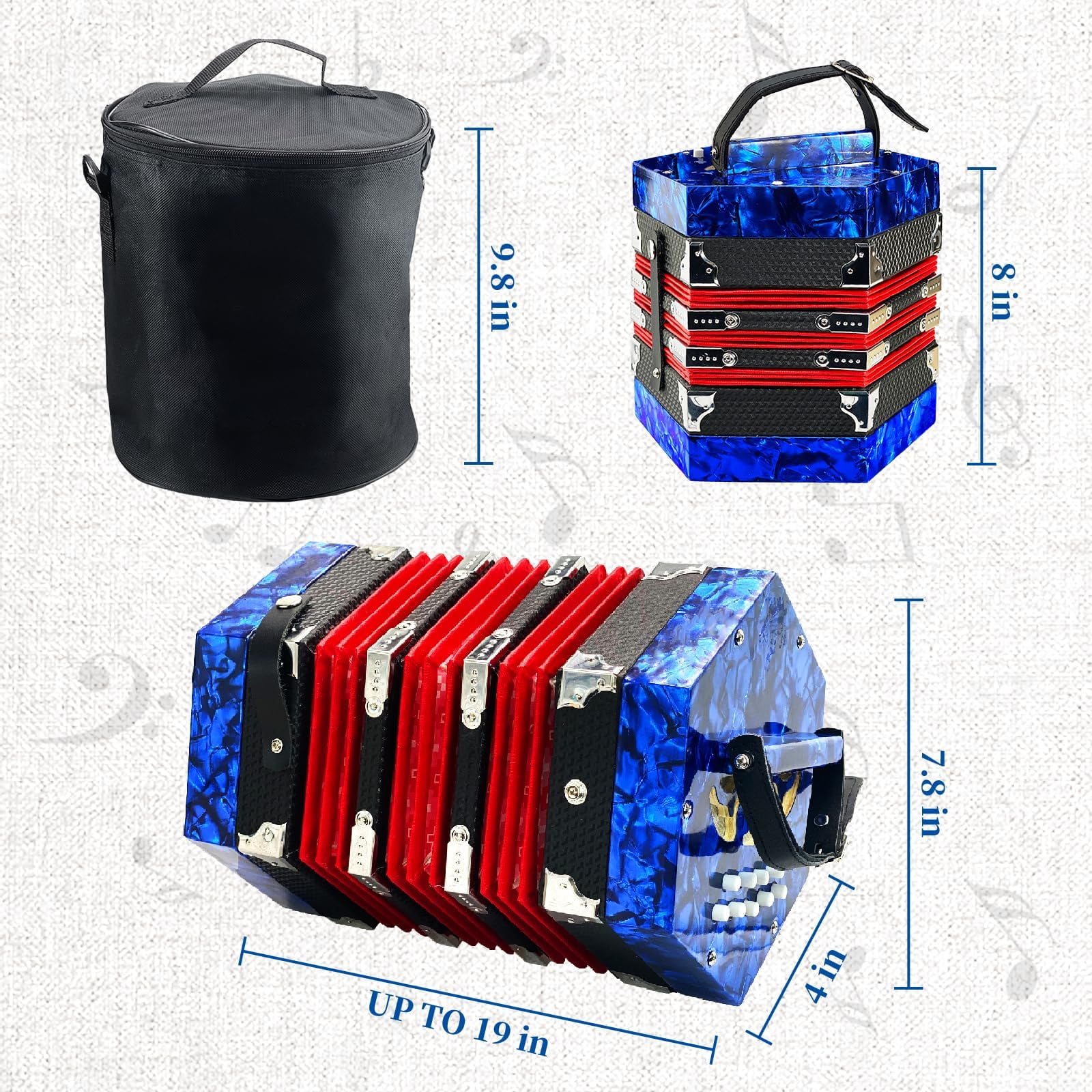Concertinas,20-Key Accordion for Adults, Professional Accordion for Beginners, Adjustable Hand Straps, Instrument Accessories (Blue)