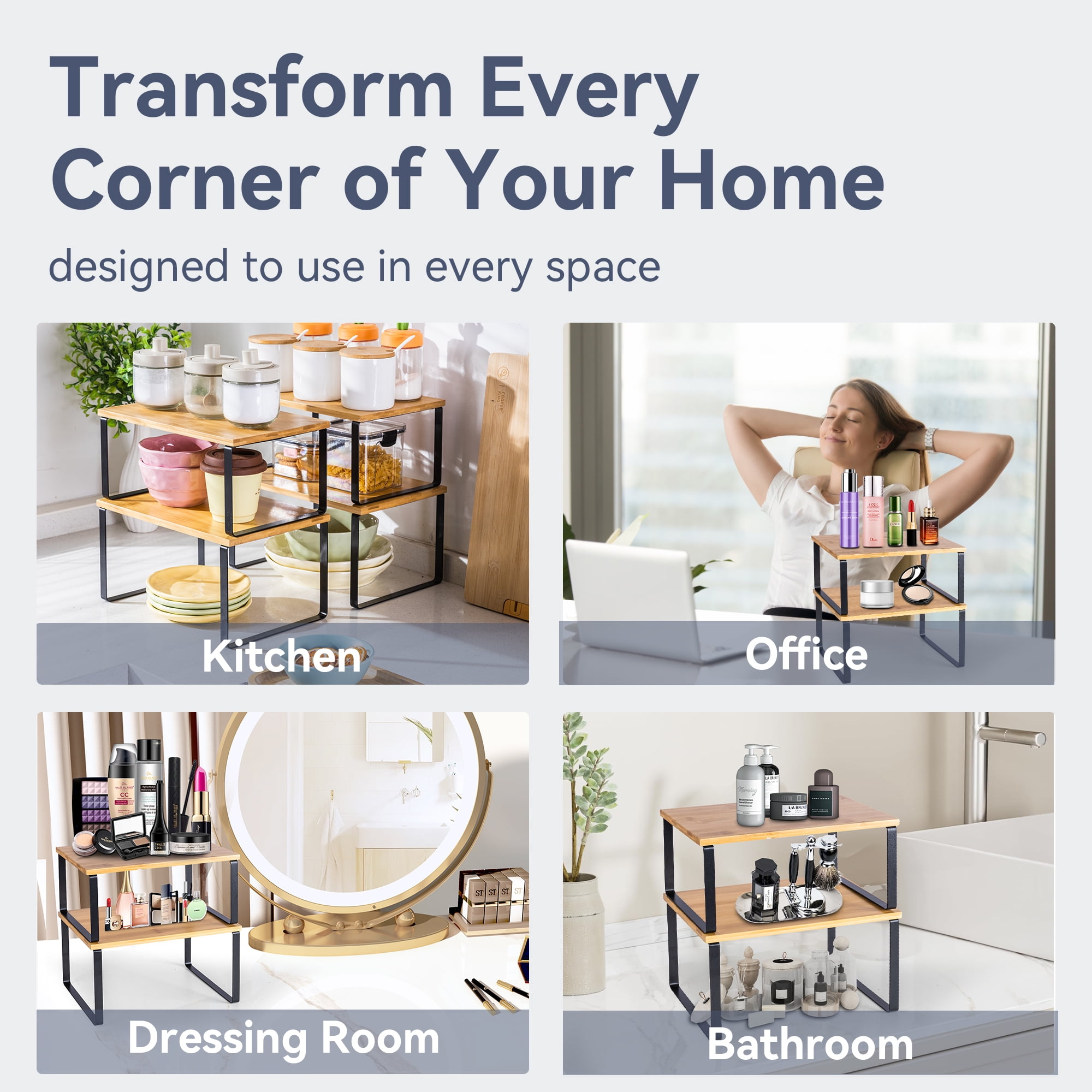 VUSIGN Cabinet Organizer Shelf, 4 Sets Kitchen Counter Shelves, Stackable Expandable Spice Rack,Cloud White and Natural Beige