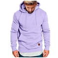 thumbnail image 1 of Men Solid Color Drawstring Hooded Sweatshirt with Pocket Leather Label Casual Business Comfortable Loose Fit, 1 of 5