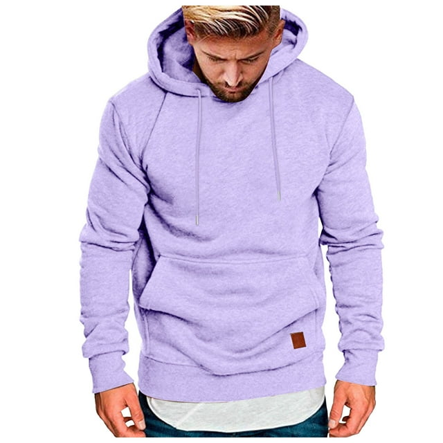 Men Solid Color Drawstring Hooded Sweatshirt with Pocket Leather Label Casual Business Comfortable Loose Fit