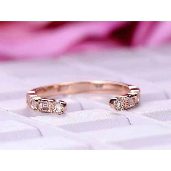 0.25 Carat Moissanite bridal Half Eternity Wedding Band 6mm Open gap wedding Band Round cut in Silver with 18k Rose Gold Plating