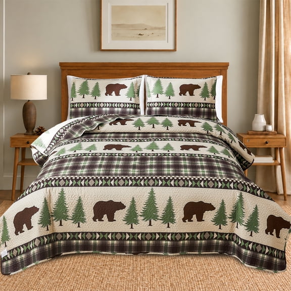 Jessy Home Rustic Quilts Queen/Full Green Plaid Bear Bedspread Microfiber Coverlet Set