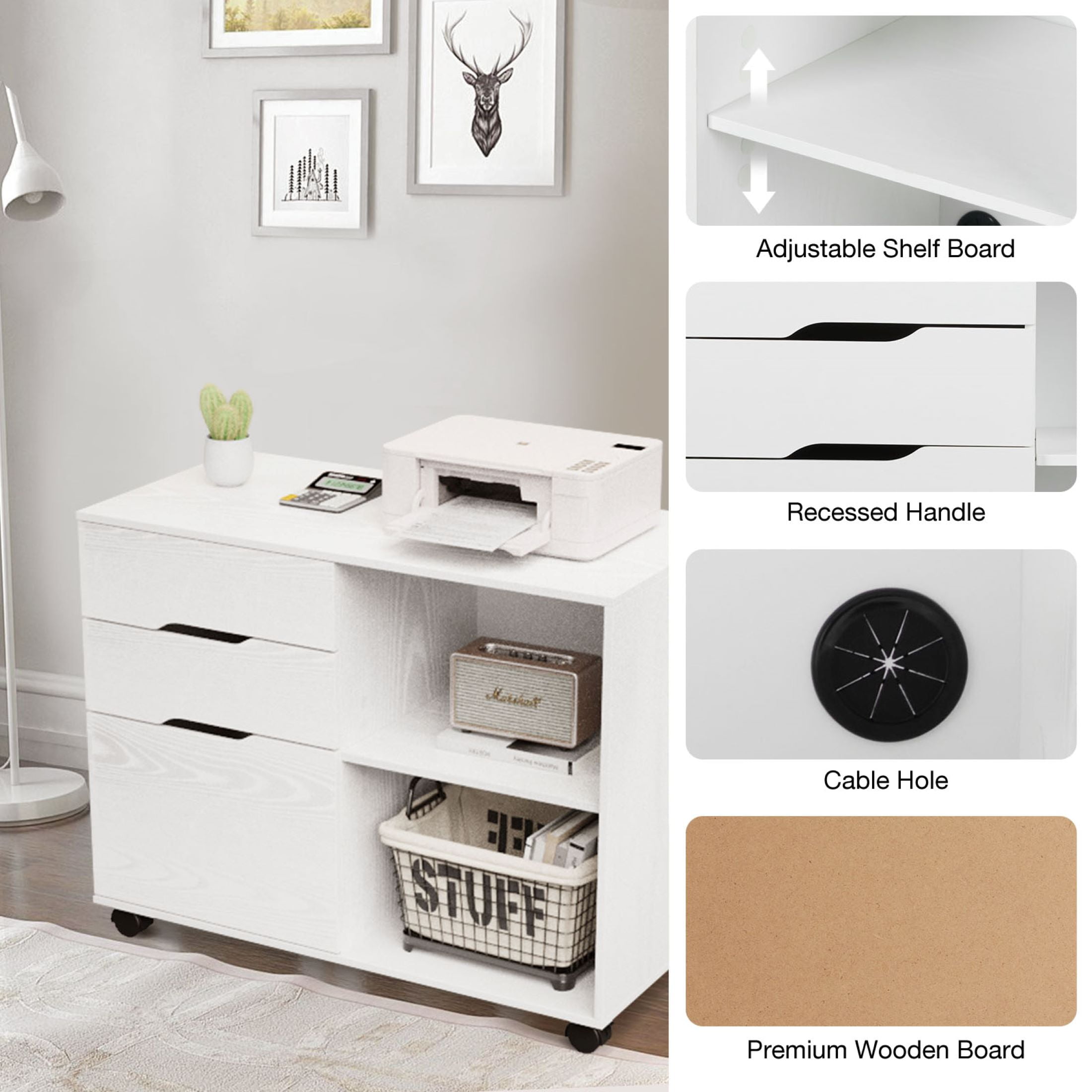 GIANNA 3 Drawer File Cabinet with Wheels, Rolling Wood Printer Stand and Open Storage Shelves for Home Office, White