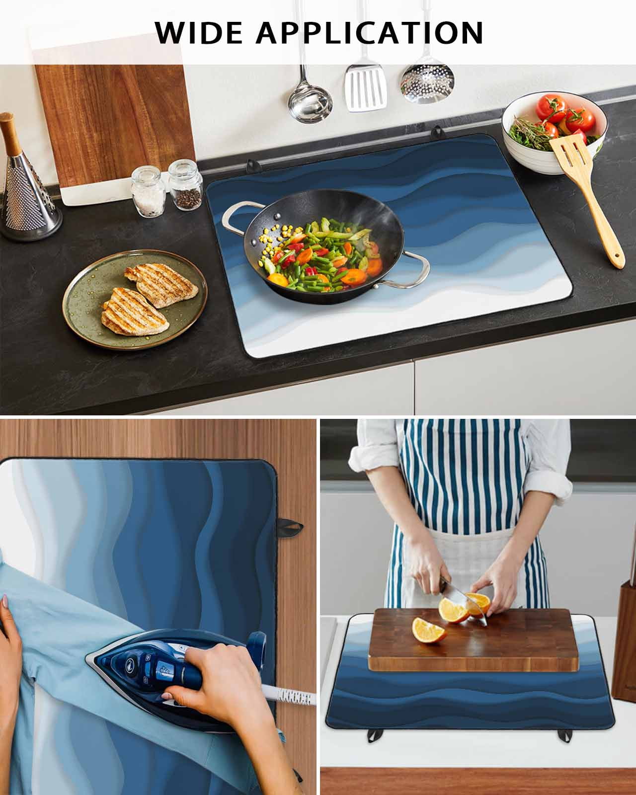 nqOlkjepod Large Induction Cooktop Protector Mat 36"x21", Dark Blue Stripes Stove Top Covers for Electric Stove, Gradient Abstract Sea Waves Beach Stove Burner Cover Mats, Glass Top Stove Cover