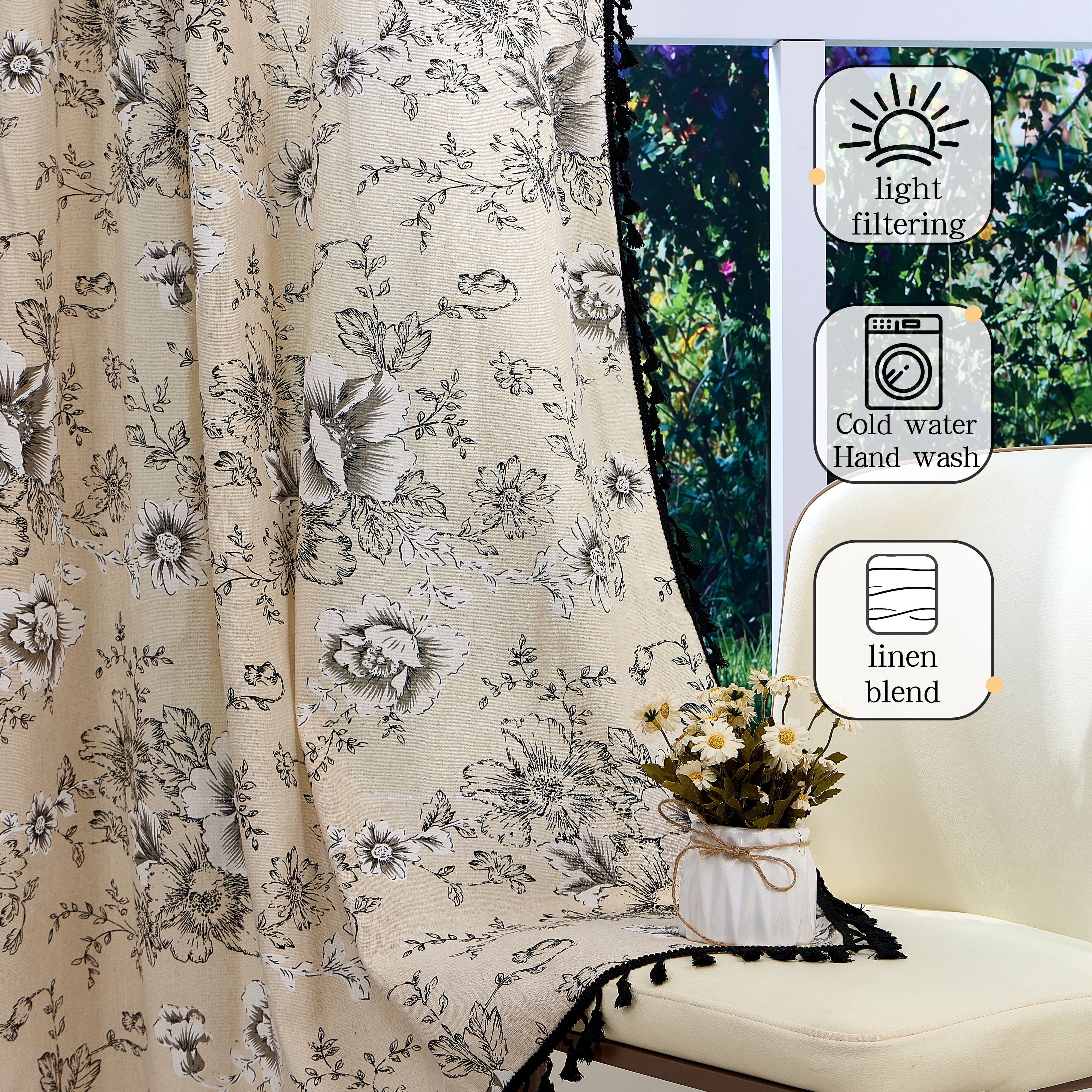Lfeey Curtains for Living Room 63 Inch Length Black Floral Printed Curtain Rod Pocket, Linen Blend, 2 Panels