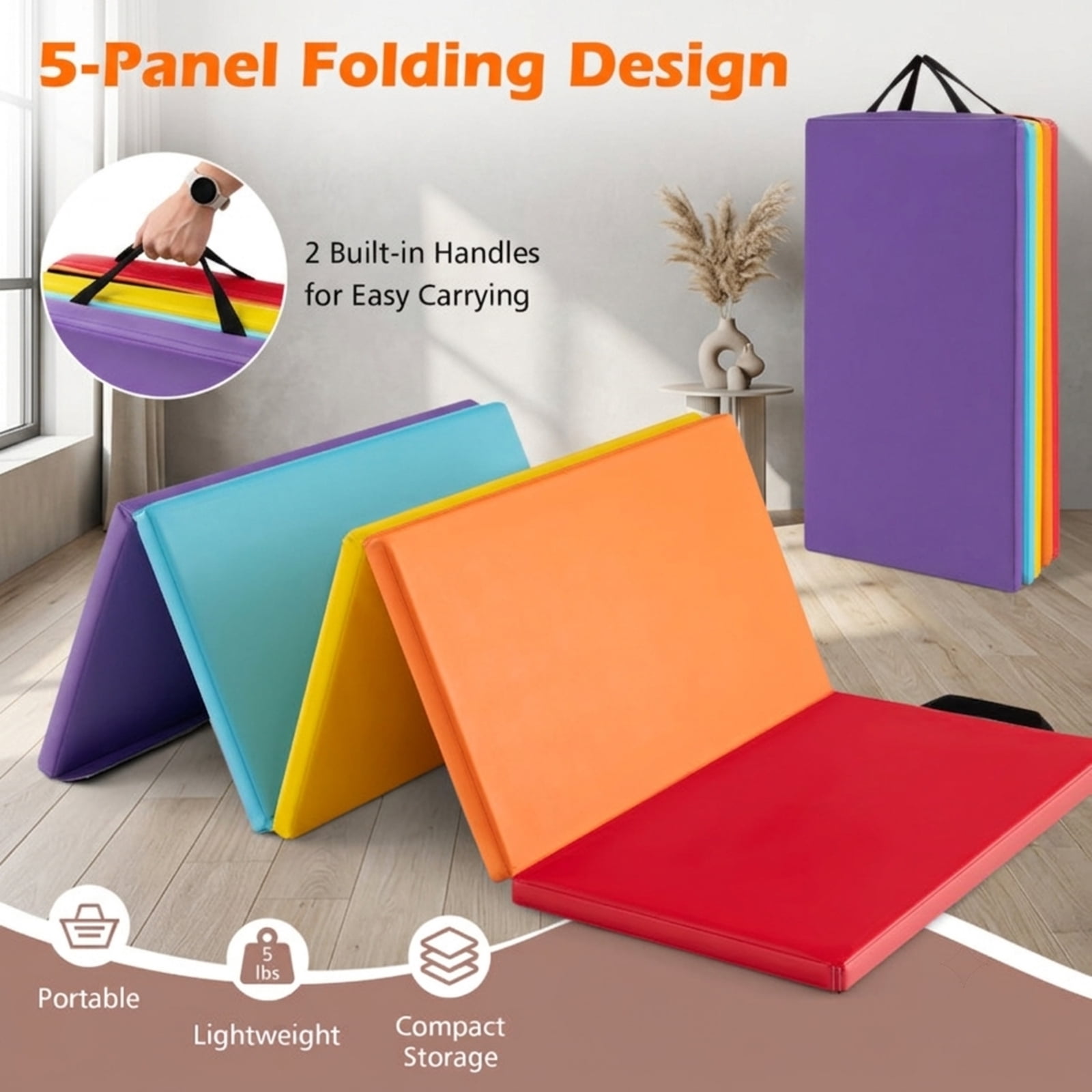 Airfind 5 Panel Folding Gymnastics Mat for Kids with Reinforced Carry Handles and Hook and Loop Fasteners for Home Tumbling and Yoga, Red