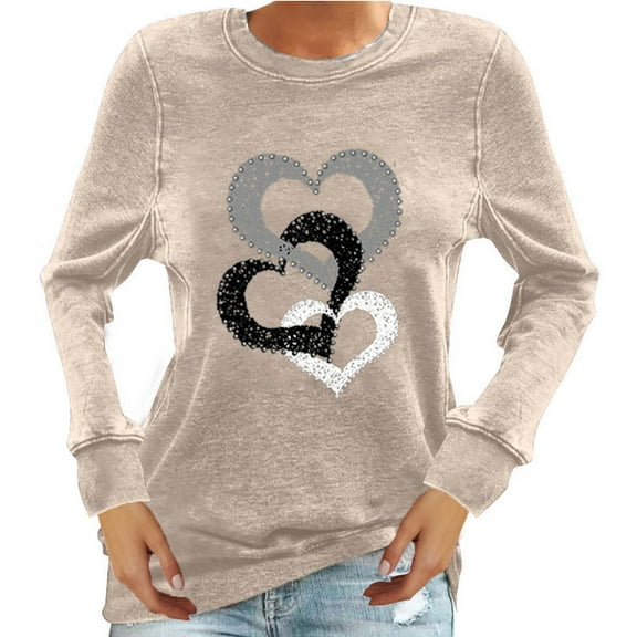 WREESH Womens Long Sleeve Shirt Loose Graphic T-Shirts Crew Neck Pullover Tunic Tops for Casual Valentine's Day Beige