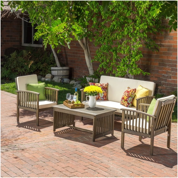 4-Pc Acacia Wood Outdoor Conversation Set with Table, Grey Cream Water Resistant Cushioned Patio Seating