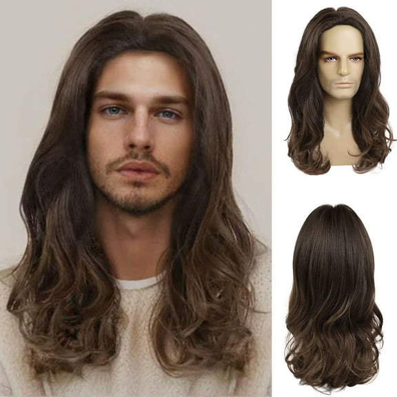 21 inch Long Brown Wigs for Men Curly Wavy Hairstyle with Centre Bangs Heat Resistant Synthetic Fiber