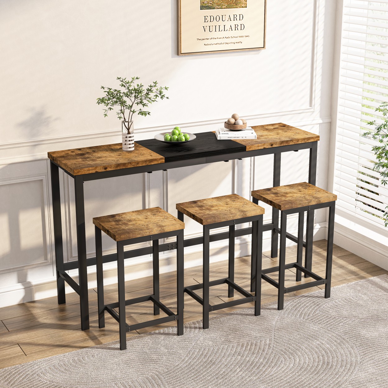 Modern Kitchen Dining Table Set with 3 Stools, 60.24" Long Pub Table Set with Hanging Stools, Industrial Counter Height Table for Dining Room, Natural Black