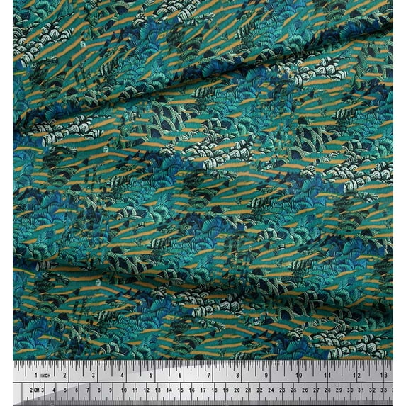 Soimoi Blue polyester Crepe Fabric Peacock & Fish Animal Skin Printed Craft Fabric by the Yard 52 Inch Wide