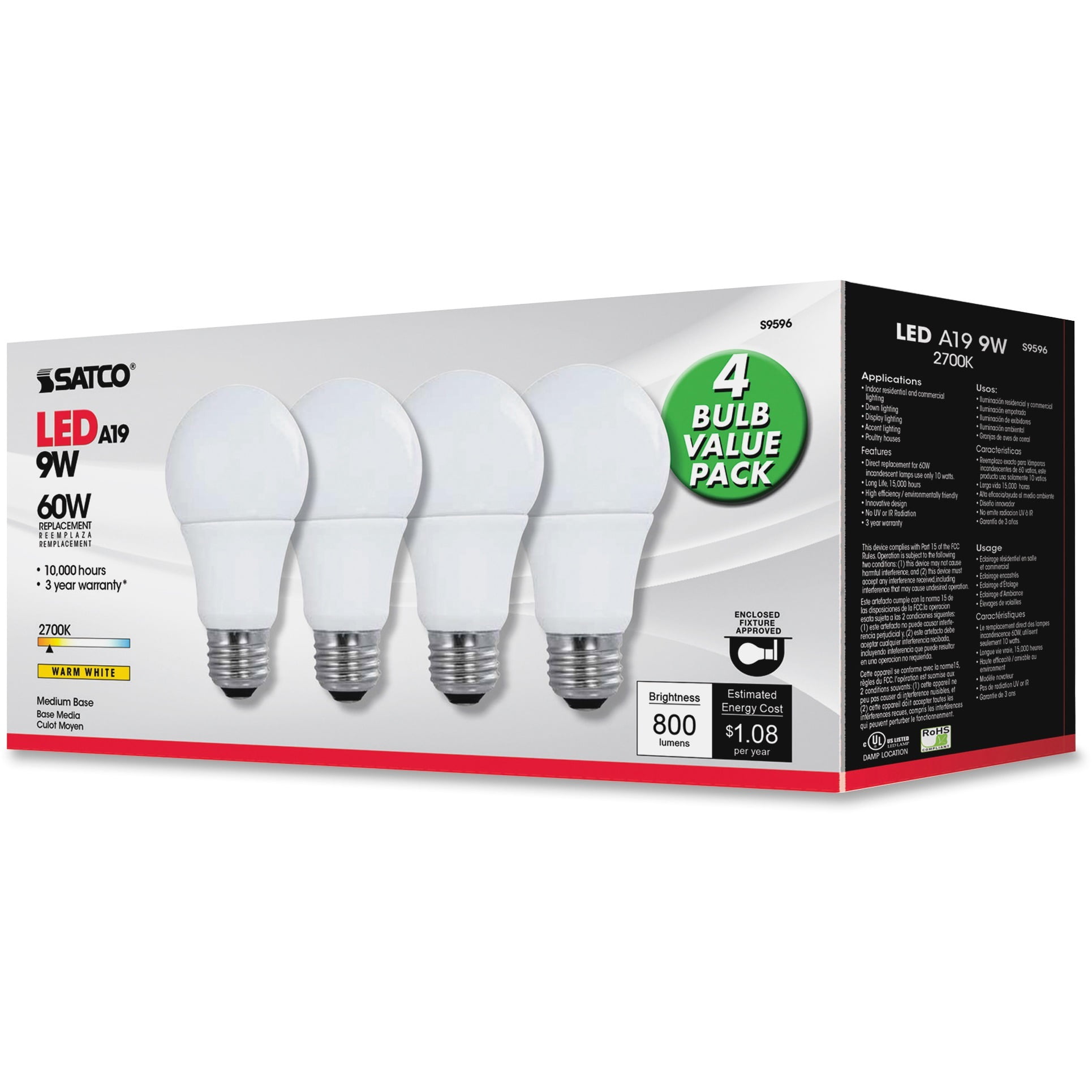 Satco, SDNS9596, 9A19/LED/2700K/120V/4PK, 4 / Pack