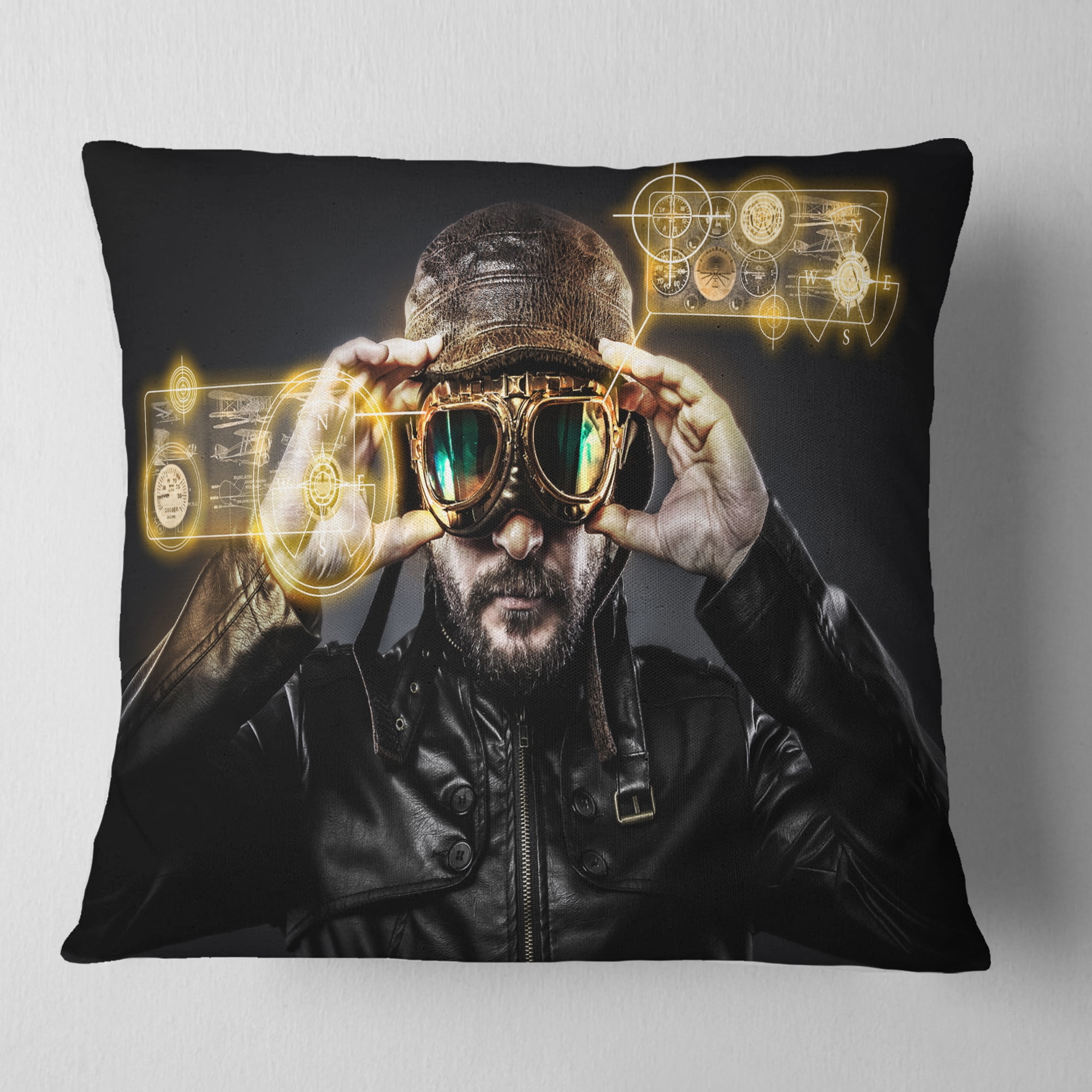 Designart Fighter Pilot with Hat and Glasses - Abstract Portrait Throw Pillow - 16x16
