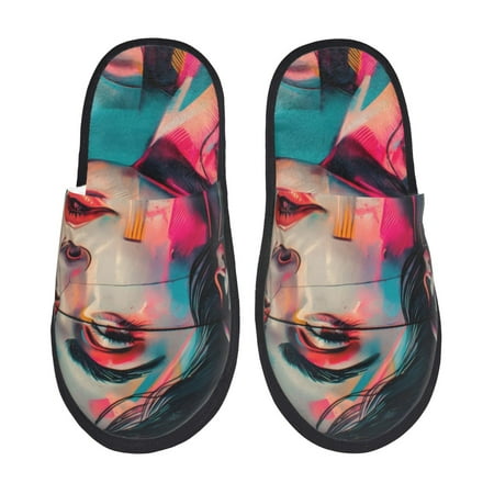 

Tideii Vibrant Street Art Portrait for Home Indoor Cotton Slippers Autumn and Winter EVA Plush Slippers Household Supplies Unisex-Large